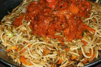 Indian Chinese Food: Chow Mien (fried noodles) with tandoori-flavoured meat