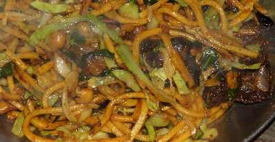 Nepalese Food: Chow Mein with Sukuti (Chinese-style fried noodles with dried buffalo meat)