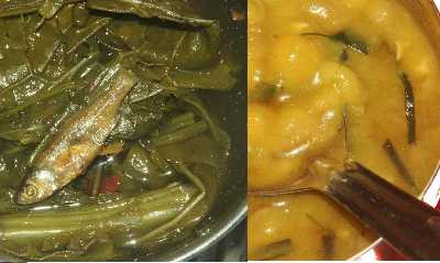 Indian / Manipuri food: Kangsoi (boiled mustard green) and Ooty/Uti (pea dal) 