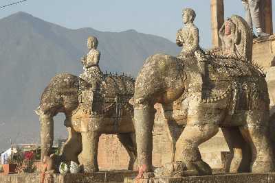 Mounted stone elephants guarding the Uma Maheswor Mandir in Kirtipur (Kathmandu Valley, Nepal)