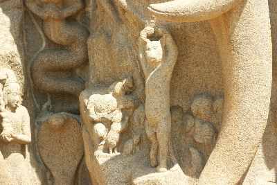 Beware of false teachers (cat/mouse), detail of Descent of Ganga relief in Mamallapuram, Tamil Nadu (India)