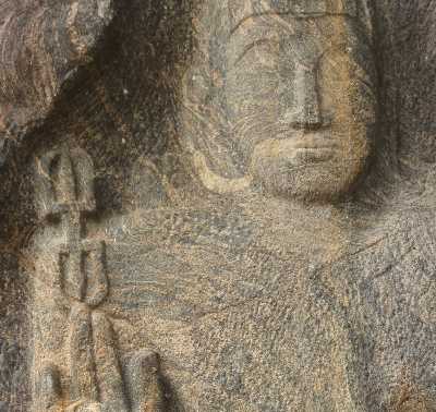 Tantric vajra shown in Mahayana Buddhist rock carving in Buduruwagala, near Wellawaya, South-Eastern Sri Lanka