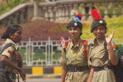 Girls in police uniform at Dasara (Dussehra) festival in Mysore, Karnataka, India