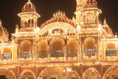 Maharaja Palace illuminated for Dasara (Dussera) festival in Mysore, Karnataka, India