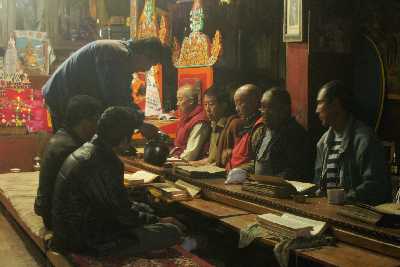 Tibetan Butter tea served during Buddhist Puja temple ceremony in Tarkeghyang, Helambu, Nepal