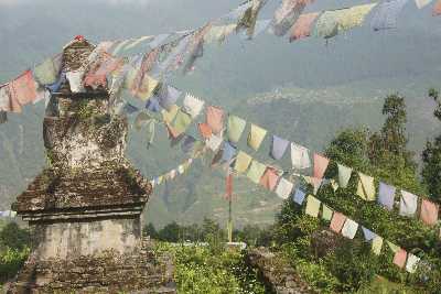 Buddhist Stupa and Prayer flags in Tarke Gyang (Sherpa village in Helambu, Nepal)